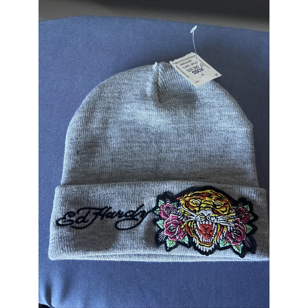 Ed Hardy Tiger Beanie Hat Big Graphic Embroidered‎ Knitted Unisex Grey Gray New